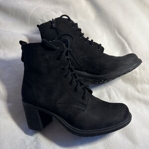 Black suede heeled ankle boots
